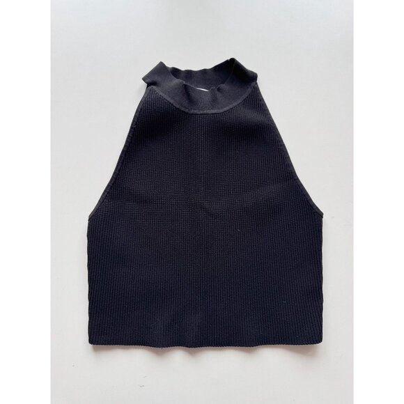 NWOT Aritzia BABATON Sculpt Knit Black Ribbed Cropped Halter Tank Top, Size L - Picture 2 of 14